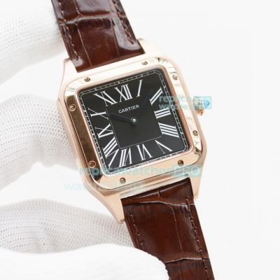 Replica Cartier Santos Automatic Watch Black Dial Brown Leather Strap Rose Gold Bezel Rose Gold watch Case